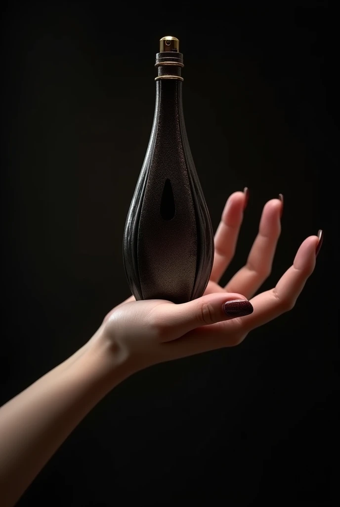 Hand holding an elongated perfume between its fingers elegant in dark tones