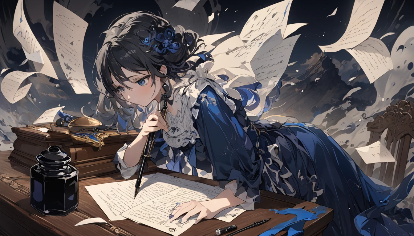 **317. One person。Pen ink personification。The embodiment of ink that spins letters。Cowboy shot or close-up。
masterpiece, best quality, ultra detailed (Detailed fingers), (Emotional), (Breathtakingly beautiful),
(main part: 1.2 Whole body。), (Anime Style), (Very detailed), (Pen ink personification),
(超High resolution, High resolution), (8k), (High resolution: 1.2), (Complex and beautiful: 1.2)**
- background: On an antique desk、Landscape with an inkwell and an old pen。
- Personification: Young woman, around 18 years old、Wearing a shiny dress reminiscent of smooth black ink。
-pose: Holding a pen、The moment when the character begins to write。
-expression: Gives a sense of quiet concentration、Expressions of immersion in creation。
- Effects: Spreads like ink seeping through paper、Floating letter effect。
-color: Black and deep blue、A color that symbolizes the depth of ink and the strength of letters.。