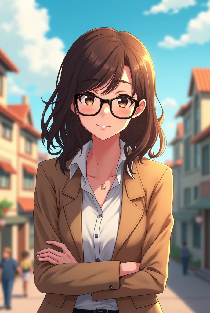 A 32-year-old mother, who wears black glasses, medium short brown hair not so dark and cut in layers. Very kind and affectionate, in Boku no Hero version