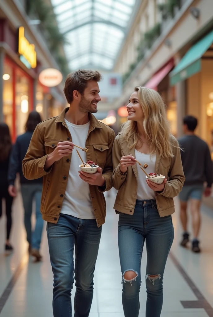Realistic man and wife 25-35 years old, At the mall, blonde hair eating açaí , with friends Ultra HD, high qualiy, best qualityer, high resolution, 8k, 16K