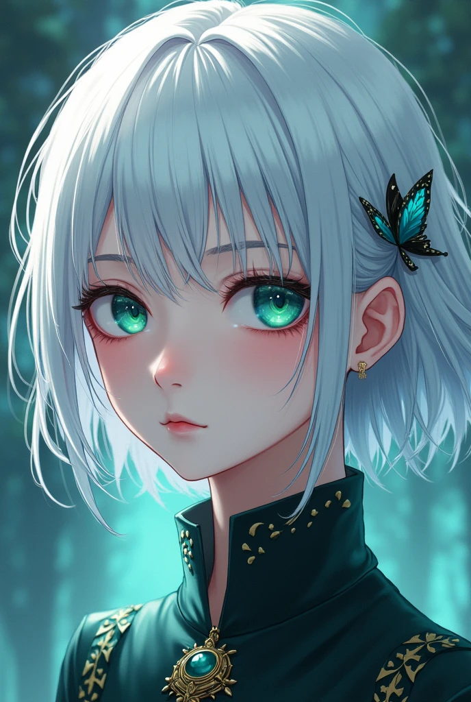 anime style, young adult woman, with the right eye blue and the left eye green, short white hair, with scar