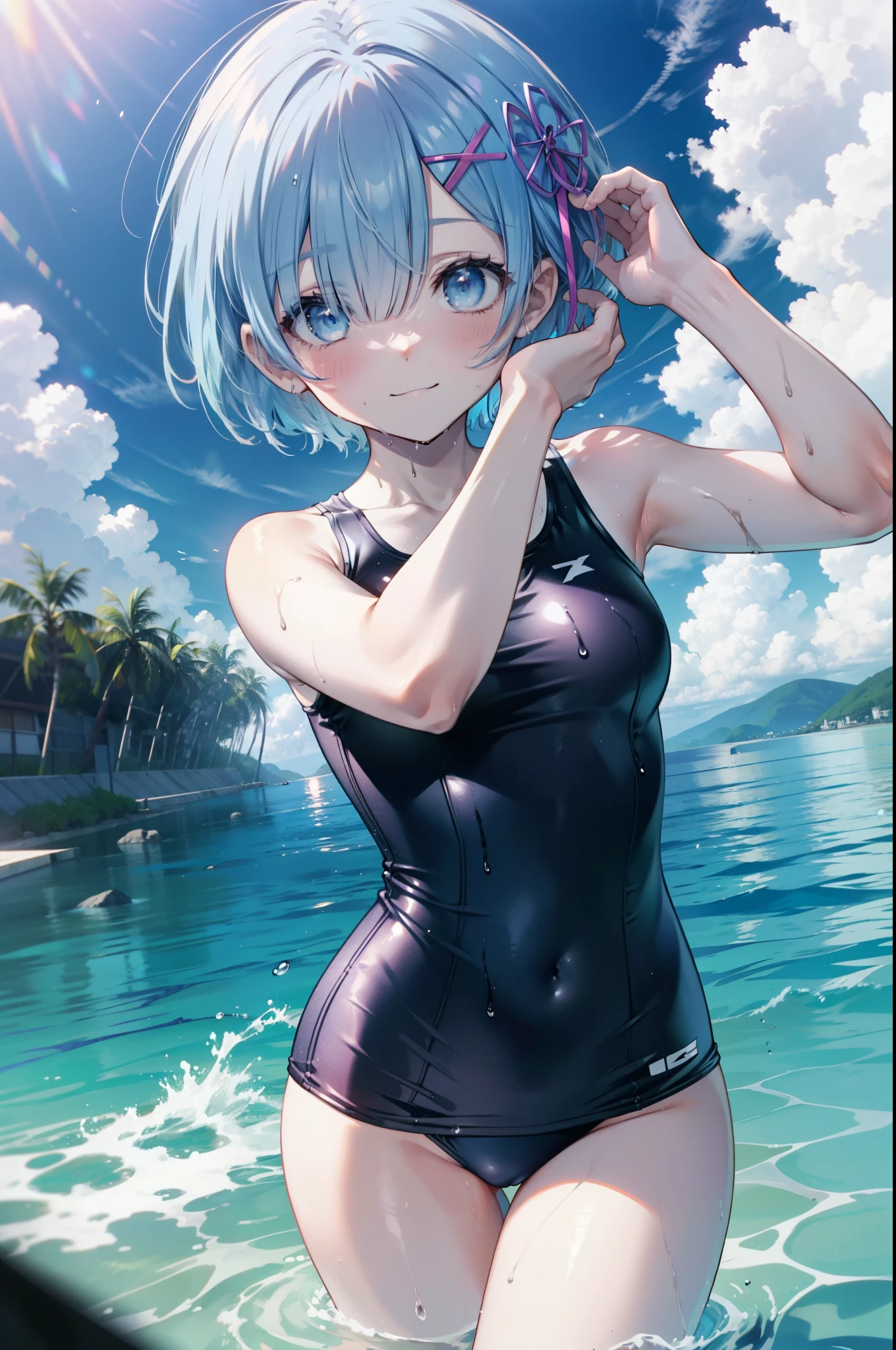 rezeroRem, Rem, blue eyes, Blue Hair, hair ornaments, Hair on one eye, hair ribbon, short hair, x hair ornaments,School Swimsuit,barefoot,Water Play,Wet Hair,Wet swimsuit,Wet Skin,True Summer,Clear skies,Daytime,smile,whole bodyがイラストに入るように,
break outdoors, Ocean,
break looking at viewer, whole body, (Cowboy Shot:1. 5),
break (masterpiece:1.2), Highest quality, High resolution, unity 8k wallpaper, (figure:0.8), (Beautiful attention to detail:1.6), extRemely detailed face, Perfect lighting, extRemely detailed CG, (Perfect hands, Perfect Anatomy),