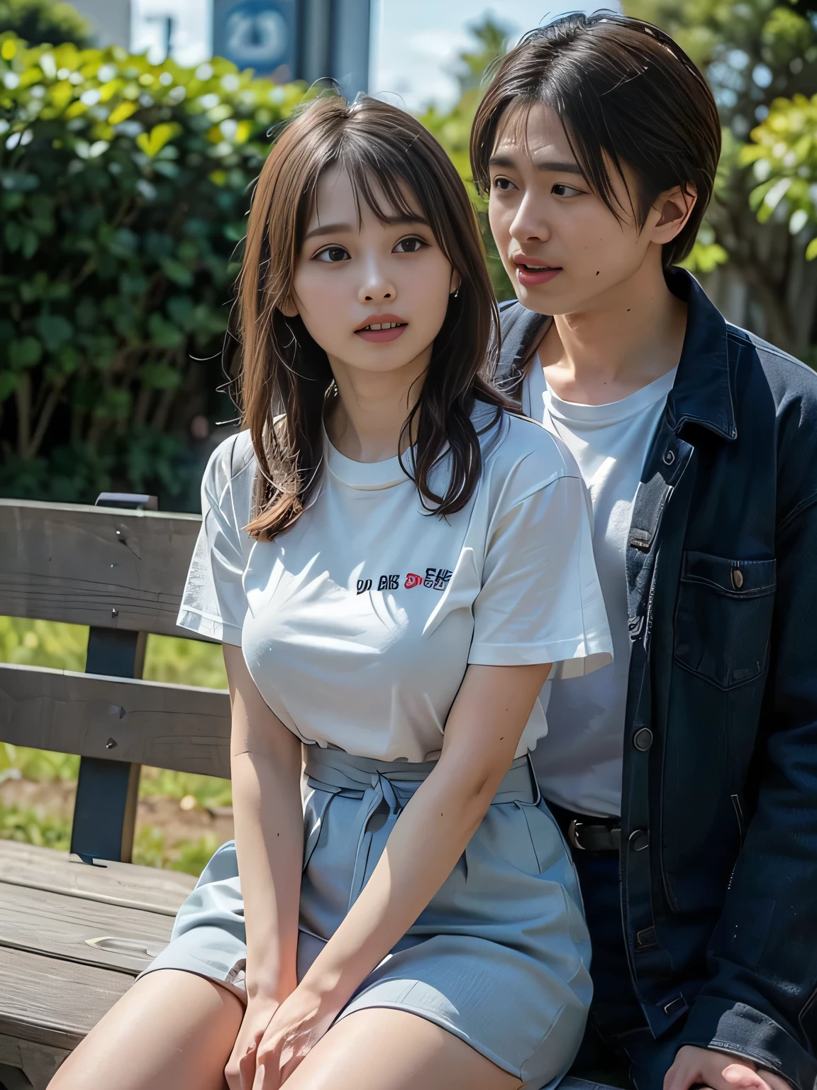 (high quality), (Realistic photos)、1male、1woman、((No audience:1.5))、((Outdoor:1.5))、((Park bench:1.3))、((Young Japanese couple arguing face to face:1.4))、((Angry Japanese woman and a Japanese male trying to talk to her:1.4)) 、((White short sleeveTWoman wearing a shirt:1.4))、((whiteTMan in a shirt:1.4))、((A woman glares at a man:1.7))、((A woman wearing a denim skirt that accentuates her thighs:1.4))、((White short sleeveTWoman wearing a shirt:1.4))、((Woman with a scary expression:1.4))、