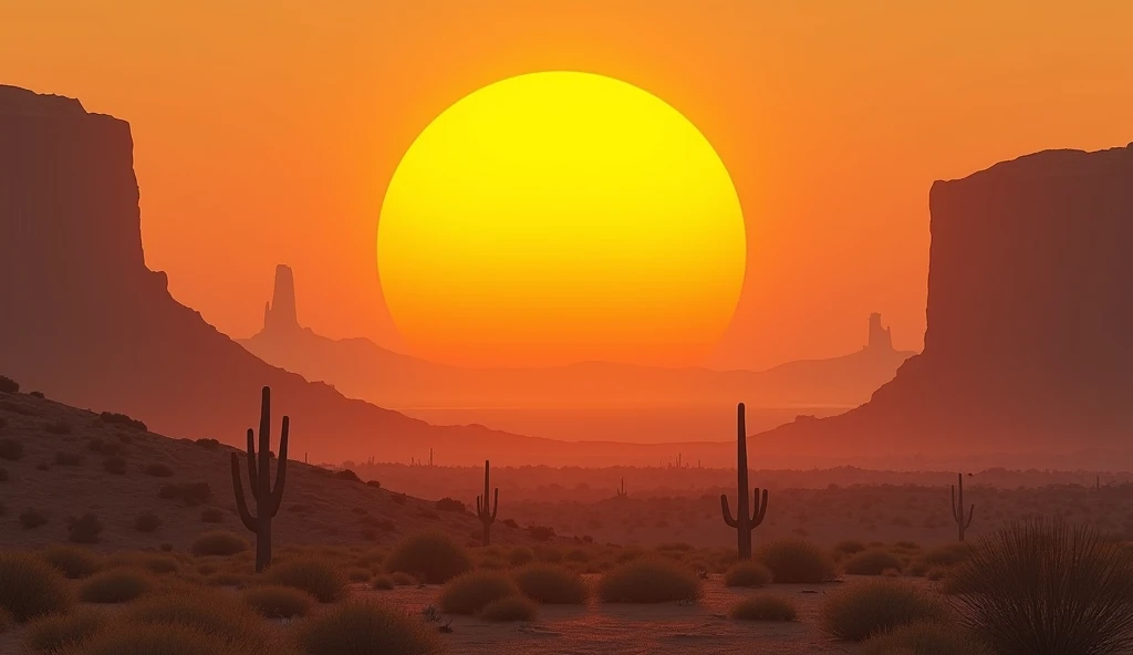 Create a scrubland landscape in the state of Arizona, USA, with a beautiful orange sun, conveying an idea of hope, with a beautiful horizon.