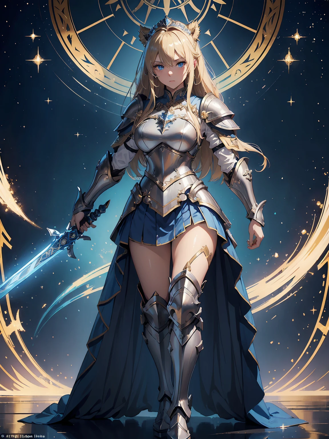 (((masterpiece, best quality, high detailed, 16k))) (1girl) A noble knight with flowing blonde hair and bright blue eyes, clad in shining silver armor adorned with royal blue accents. She carries a large shield emblazoned with a regal lion and wields a longsword that glows with holy light. Her stance is strong and unyielding, exuding an aura of protection and valor. ((full body view))