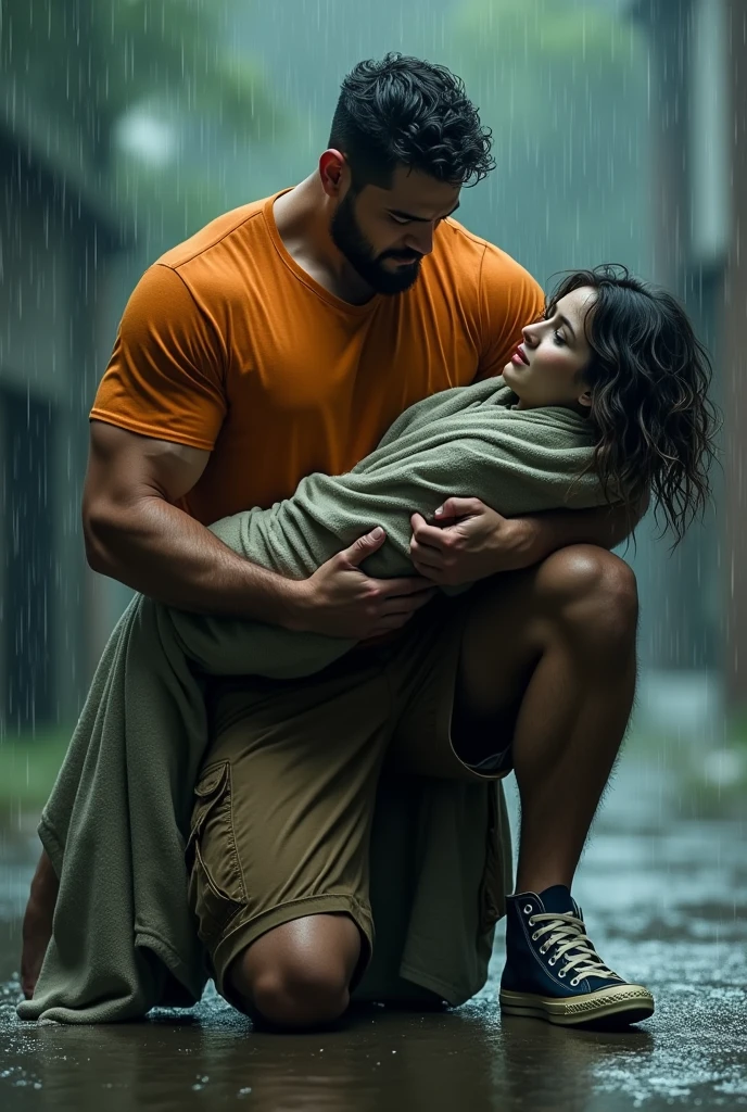 Muscular man wearing a shirt with long shorts Long loose shorts With pockets on the sides with converse sneakers Orange T-shirt and brown shorts Long short, long short, long Lying on the ground, kneeling in the rain, wet, with his face shadowed, while holding a defeated and unconscious girl in his arms Wrapped in a blanket