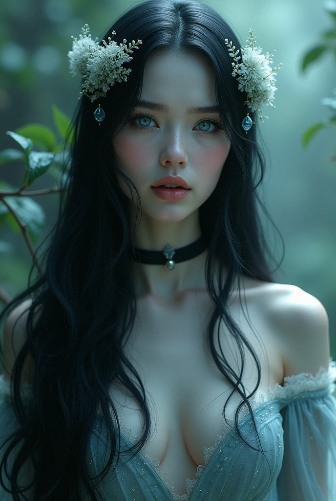 White skin color woman, ocean blue eyes, long black straight hair. witch style