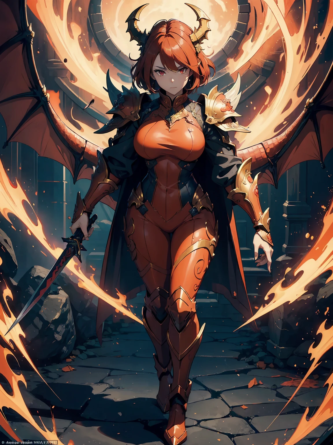 (((masterpiece, best quality, high detailed, 16k))) (1girl) A fierce dragon rider with wild, fiery orange hair and blazing red eyes. She wears a suit of dragon-scale armor that shimmers in shades of red and gold, and a large sword is strapped to her back. She stands confidently beside her dragon, her hand resting on its massive neck. ((full body view))