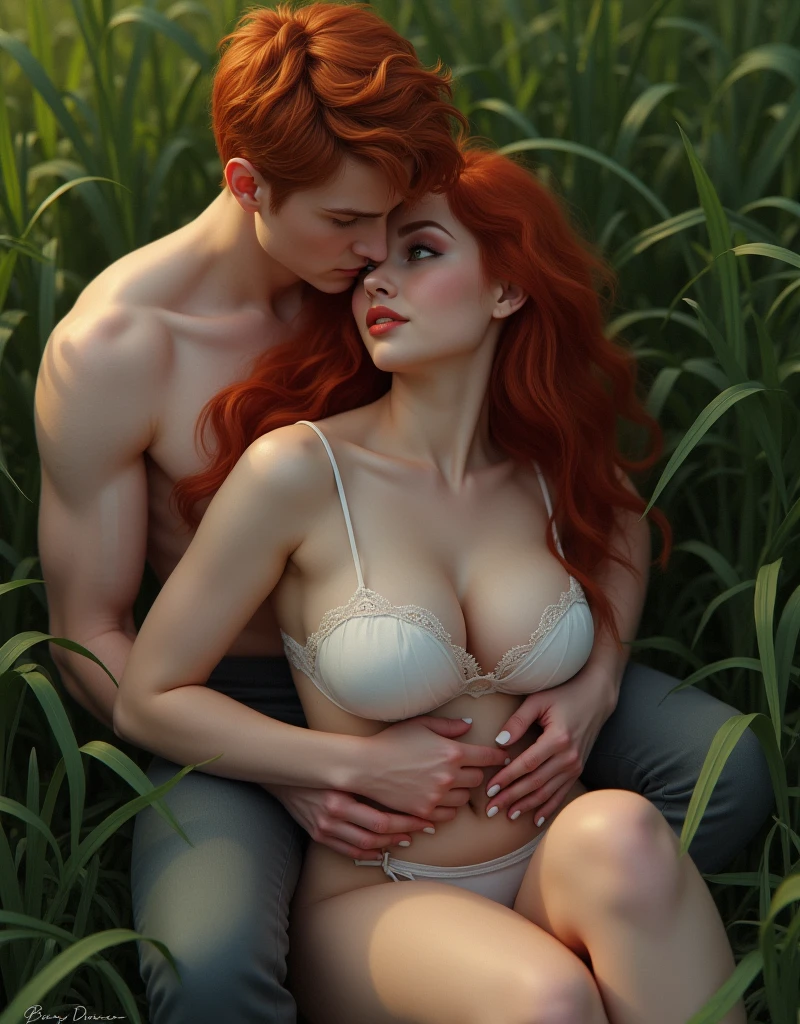 Photo. very realistic. пышная redhead Model . juicy figure and very big breasts, pale skin, perfect face, looking hot, victoria secret body, She sat on his chest and stomach... He shrank tightly., when she sat on him.. men's hands hug her from behind. male hands on female body. in the grass. In the waving grass: among the grass