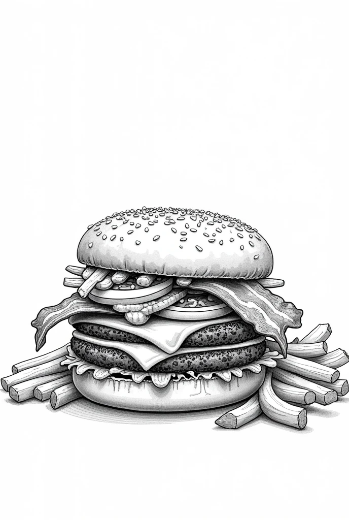 Best Quality, High resolution, masterpiece:1.2, ultra detailed, realist :1.37. , White background, monochrome, Line drawing, Sketch., Make sure the lines are clear and well defined for easy coloring.. Cheeseburger, Bacon and chips