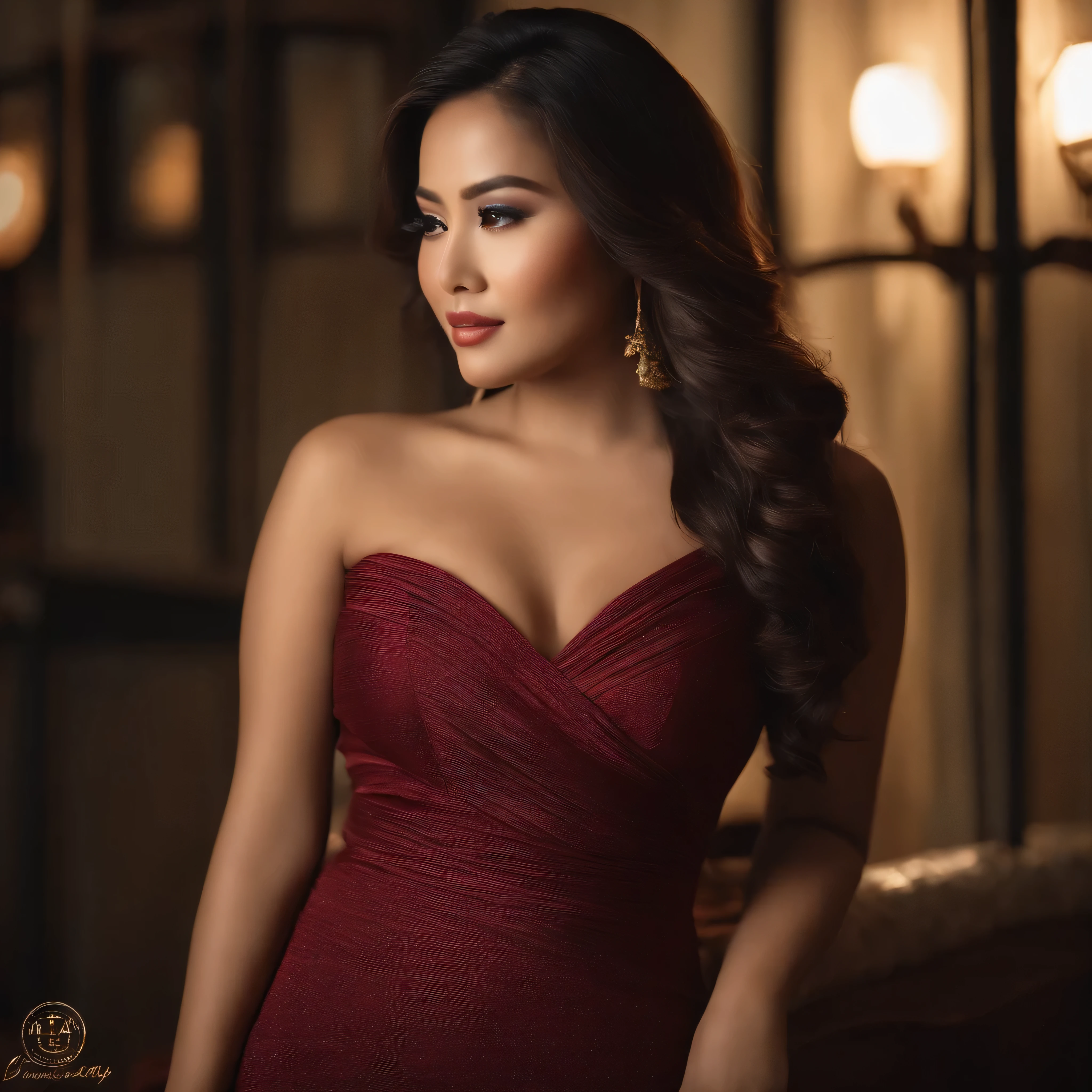"A confident, glamorous 26 year old Thailand woman with an air of elegance. She has a curvy figure and is dressed in a form-fitting, stylish dress that accentuates her silhouette without being overly revealing. The dress is a deep red, complementing her smooth complexion. She has long, flowing hair styled in loose waves and striking, well-defined facial features, with a captivating gaze and a subtle smile. The setting is a softly lit room with modern, sophisticated décor, where she stands poised, exuding charm and allure. The overall image should feel classy and confident, focusing on her poise and sophistication."