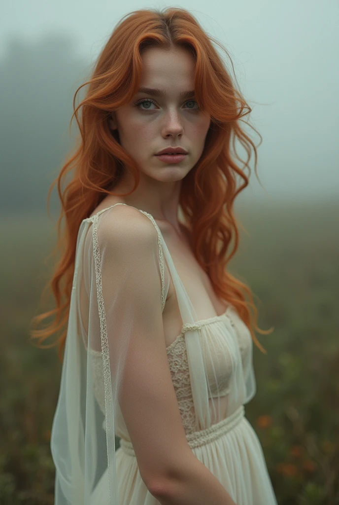 girl, age 25, Light red hair, breast outline showing through the sheerness of the dress, nakeness, close, waist framing. She looks at a point beyond the viewer. Provence. haze. 超detailded.  Provence. Foggy . High grain film. retro photography, David Hamilton Style. Analog photography. grainy. nymph.