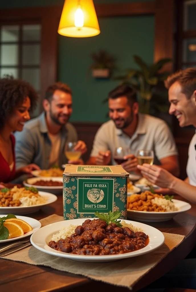 A Brazilian group eating feijoada delivery and on the feijoada packaging it has to be written 
" Ray&#39;s feijoada "