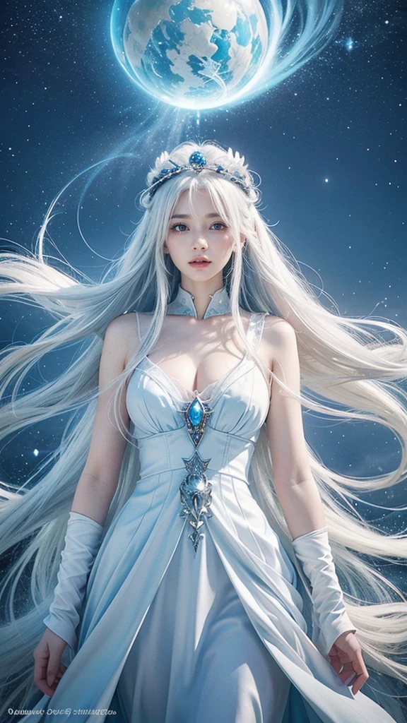 anime girl with long white hair and a blue dress in the snow, white haired deity, white hair floating in air, anime fantasy illustration, flowing white hair, beautiful young wind spirit, beautiful fantasy anime, glowing flowing hair, ethereal anime, beautiful anime artwork, beautiful digital artwork, anime fantasy artwork, ((a beautiful fantasy empress)), 2. 5 d cgi anime fantasy artwork