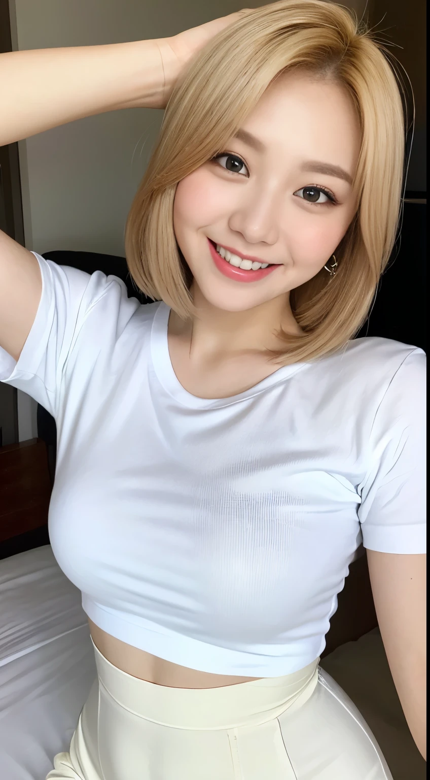 White tight shirt、White tight mini skirt、bed、smile、Short sleeve、High resolution、Korean idol face、double eyelid、White teeth、Medium Hair