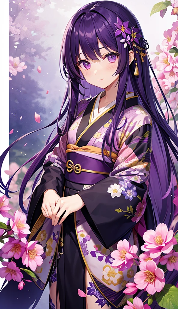 Purple eyes, Long Hair, Purple Hair, Character portrait, Flower tan、Flower pattern kimono、older sister、whole body、front、Slit eyes