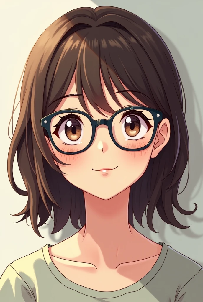A 32-year-old mother,  who wears black glasses, medium short brown hair not so dark and cut in layers. Very kind and affectionate, in anime version Boku no Hero