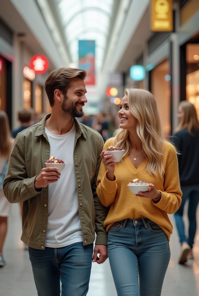 Realistic man and wife 25-35 years old, At the mall, blonde hair eating açaí , with friends Ultra HD, high qualiy, best qualityer, high resolution, 8k, 16K