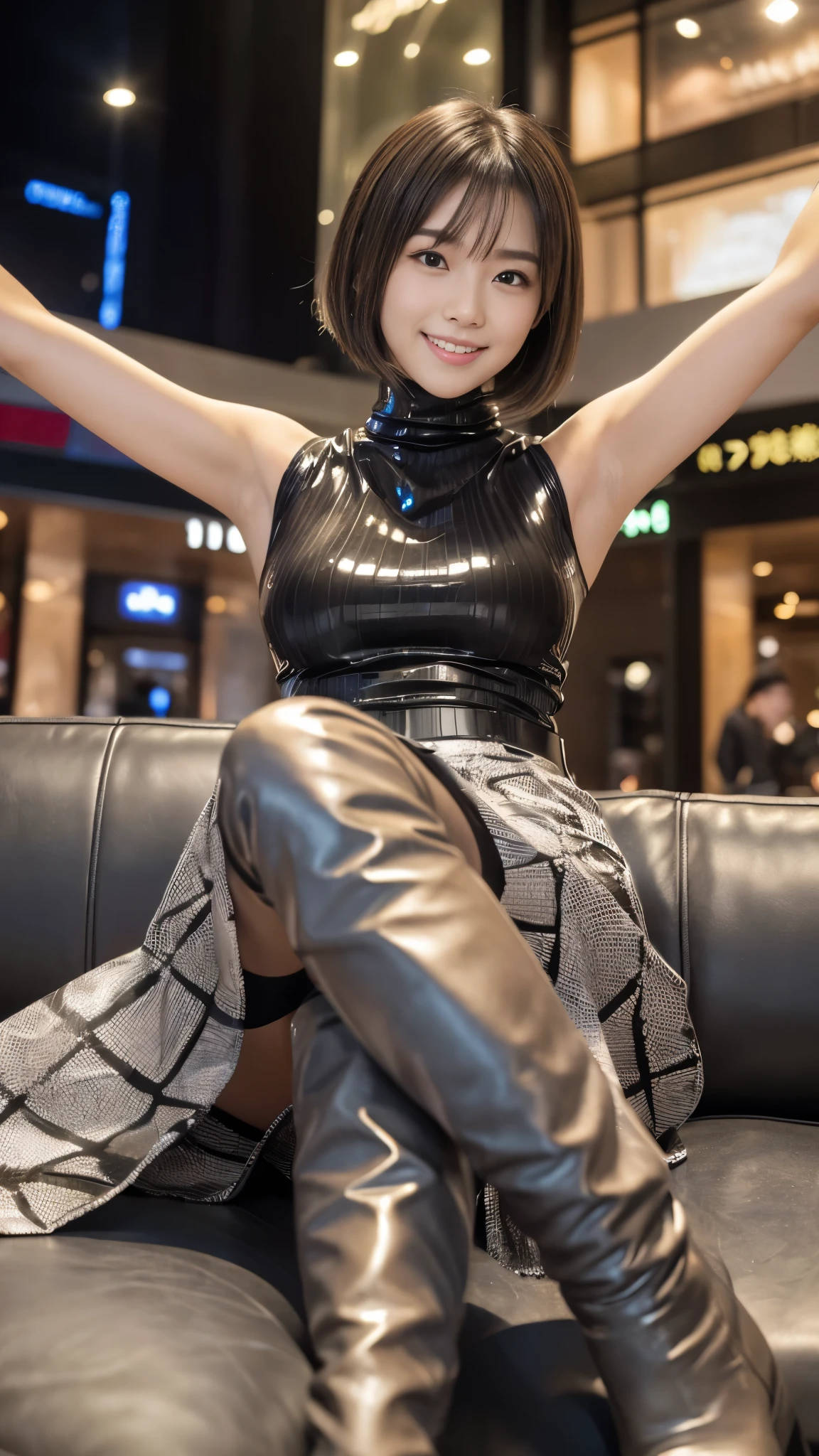 (Tabletop:1.0), (highest quality:1.4), (High resolution:1.2), (Realistic:1.4), (8k, RAW Photos:1.2), (Soft Focus:1.4),break,a girl wearing leather aodai printed lizard scale patterns,Smiling while taking a photo.............................................................,(a girl wearing translucent turtleneck sleeveless leather gray aodai and long pleats skirt printed lizard scales patterns:1.4),(sticking out their tongue:1.2),(she raising her arms and her hands behind own’s head:1.3),BREAK,Smooth and tight boots, shiny skin, Translucent body,BREAK,bob hair,(bob hair:1.1),(smile:1.2),glossy Shiny reflective, Makeup,Japanese Goddess, Glowing Skin,Gorgeous Japanese Model,Shiny,Shiny,(leather over knee tight boots:1.2),break,Detailed Background,at night,(sitting on the sofa at the shopping mall:1.2)