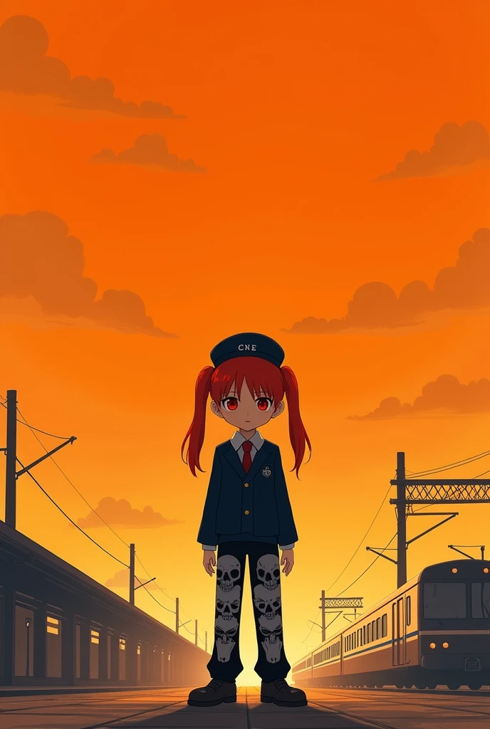 1 boy, standing alone, Red hair, Eyes red, twintails, EMPLOYEE UNIFORM, pants, skull print, Navy cap, Orange sky,, plein-air, train station, standing in front of the bus,,
