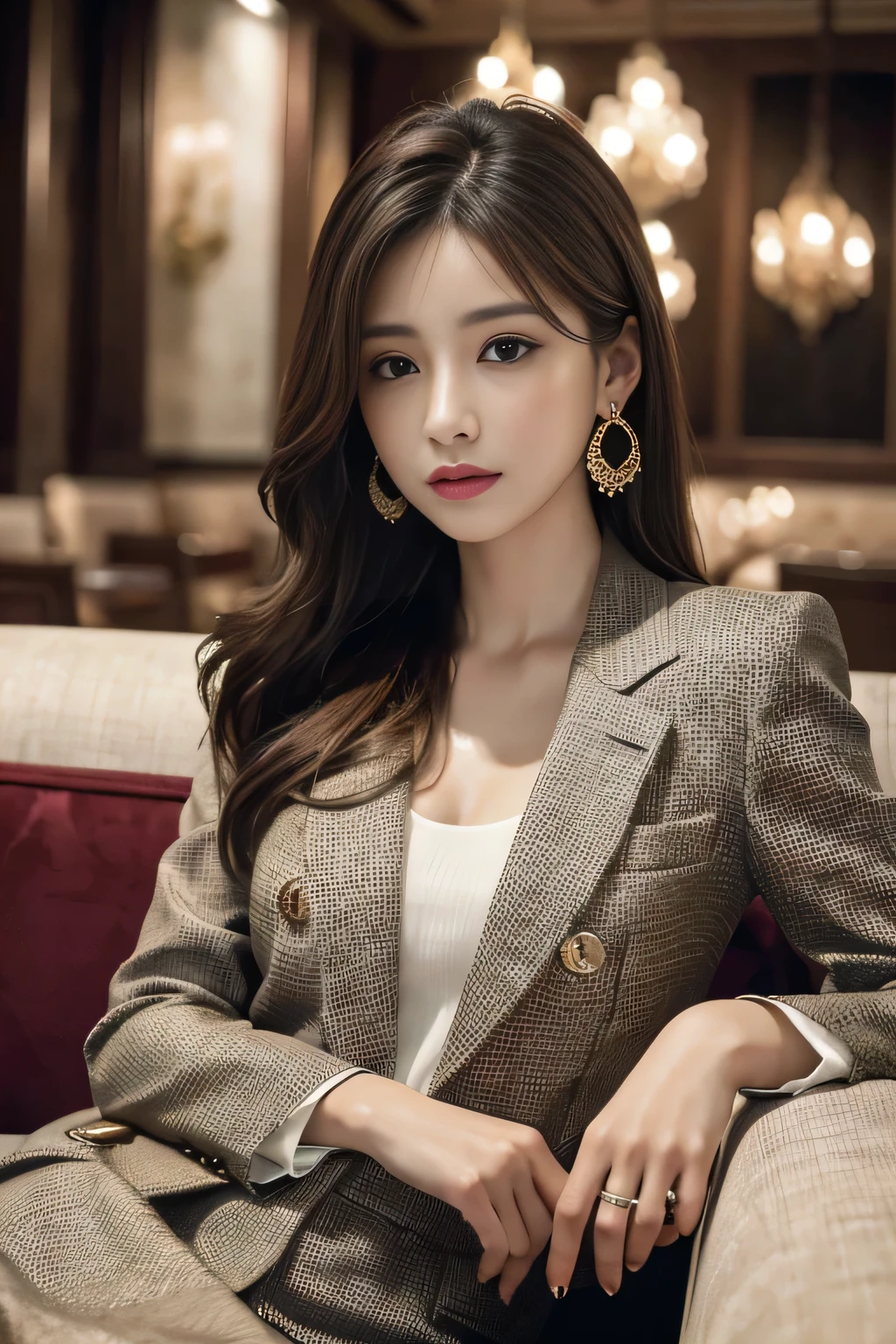 masterpiece, Highest quality, Realistic, Very detailed, Finer details, High resolution, 8k wallpaper, One beautiful woman, Wear a nice suit, In a great restaurant, At night, Light brown messy hair, Perfect dynamic composition, Beautiful and beautiful eyes、Big earrings、Sit on the sofa
