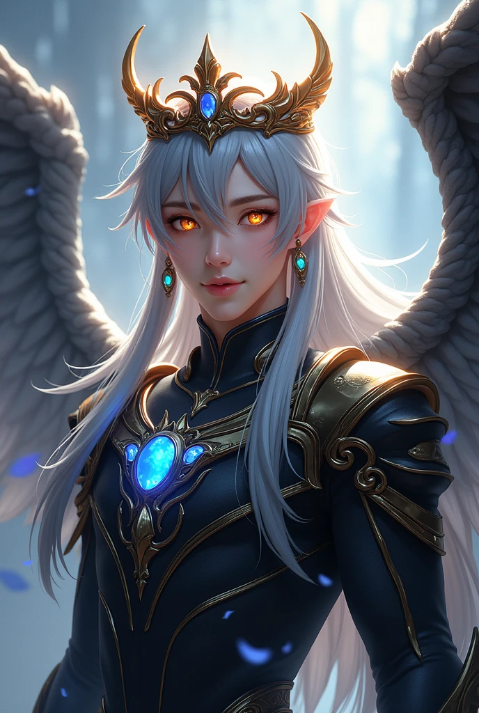 Handsome young protagonist xianxia,golden amber eyes and long silver hair, sapphire crown floating at top head,use black armour and 12 wings at back,ultra hd, better quality