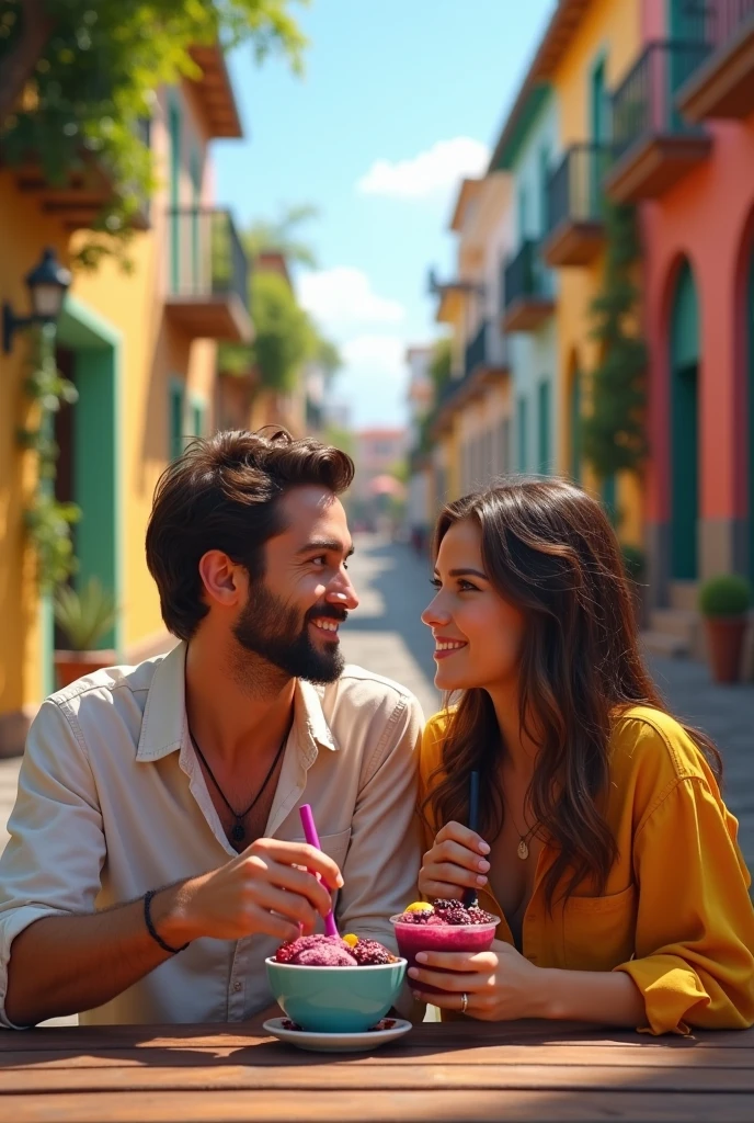 Realistic Man and Girlfriend 25-35 years old, in Maceió Brazil eating açaí in a cup , ultra HD, high qualiy, best qualityer, high resolution, 8k, 16K
