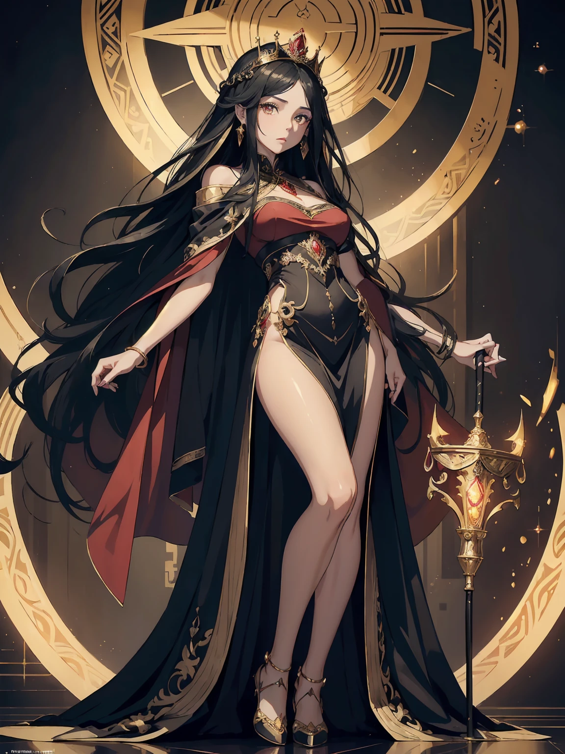 (((masterpiece, best quality, high detailed, 16k))) (1girl) A regal queen with long, flowing black hair adorned with a golden crown, and striking emerald eyes. She is dressed in a luxurious gown of deep red and gold, with intricate embroidery and a long, flowing cape. In her hand, she holds a scepter topped with a large, glowing ruby. Her expression is one of authority and wisdom. ((full body view))
