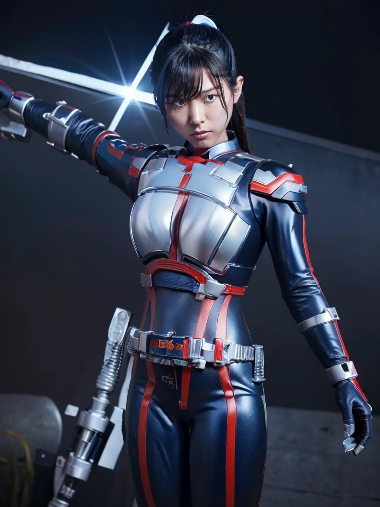 Highest quality,masterpiece,Ultra-high resolution, Very detailed, 8k,(Beautiful woman),Beautiful 25-year-old Japanese woman:1.5,Black hair ponytail、((Crucifixion)),torture,slave,((クロスにCrucifixionにされた女性:1.5)),Crucifixion刑,(((Shiny blue and white futuristic hero suit))), (Blue and white shiny hero suit, Big Breasts、Voluptuous body)、Torn Costume、(((Dirty outfit)))、((Torn Costume)), ((Scream with a look of pain)), (((A body covered in scars))),Military Harness,