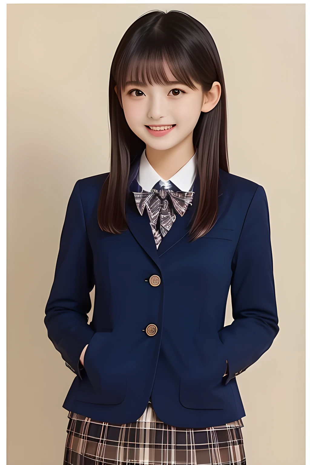 (highest quality, masterpiece, high resolution:1.2), 4K, (Photo quality detailed face: 1.2), (Giorgione painting style: 0.8), geometry, (14 yo cute girly Japanese sensitive weak girl with very detailed graceful cute smiling face: 1.5), Laughing cutely, (Japanese school girly navy-colored blazer uniform: 1.4), (blue expensive pleated checkered school skirt inside the blazer: 1.6), (big sharp breast: 1.3), (Dark red glossy school ribbon on the breast: 1.0), (Extremely laughing cheeks: 1.0), (Beautiful pretty large laughing cute cute cute eyes with detailed and balanced well: 1.4), (Double eyelids: 1.0), (Long bottom eyelashes: 1.2), (Glossy very wet lips: 1.0), (Super-straight hair, extremely very long hair which reaches her waist: 1.3), (plain light orange-colored wall paper with cute white heart marks)