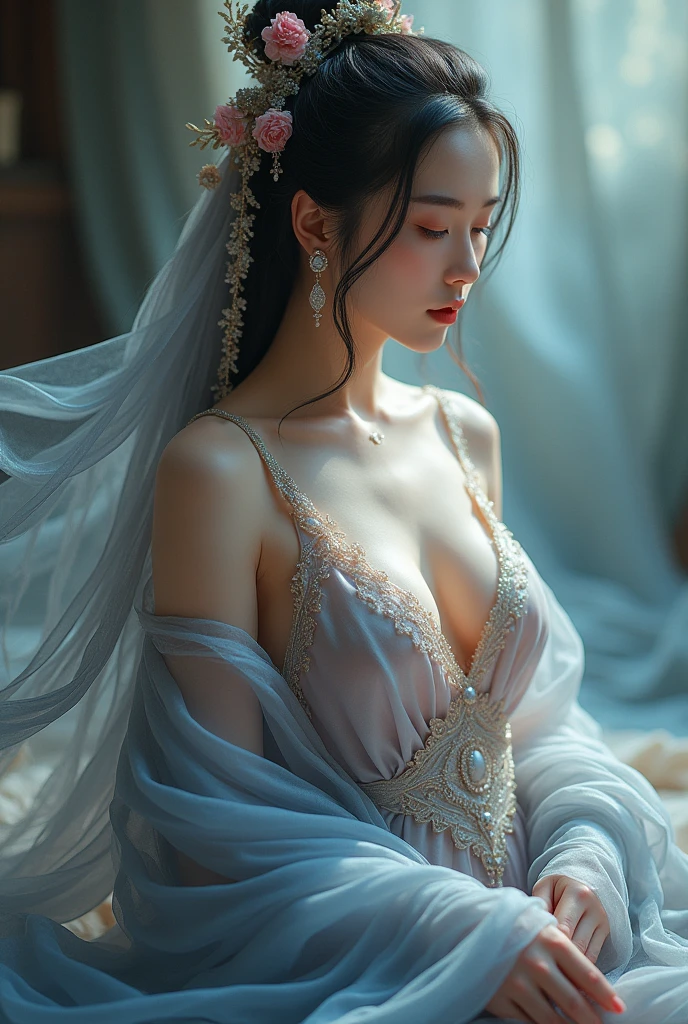 Very beautiful Chinese goddess nipples visible dressed in satin silk