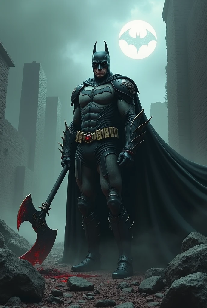 Portray Batman in a dark fantasy world, amidst a gloomy medieval setting. It is among the ruins of an ancient castle, with a gloomy, foggy landscape in the background. His black armor is detailed with spikes and mystical inscriptions, and he holds a large, bloody ax, which appears to have been used in a fierce battle. The atmosphere is charged with fog and rays of light emerging from the heavy clouds. The Bat-Signal glows spectrally in the sky, while Batman assumes an imposing and enigmatic stance, with an almost ethereal cloak that moves in the wind."