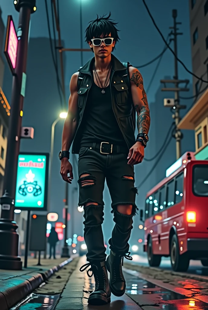 Young man, black hair, 20 years old white sunglasses, rock'n roll style black clothes, combat boots, black vest, backpack on his back, walking along a street at night, bus stop behind him, lamppost lighting on top of him, city background at night with bus stop, behind him, full body image