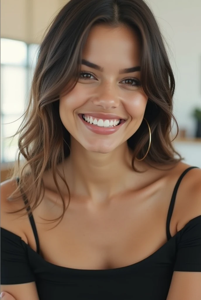 There is a beautiful smiling woman sitting at a table with a watch on her wrist, pose casual, sitting at a table, lorena avarez, She's sitting casually, Carla Ortiz, ela tem cerca de 30 years de idade, taken in the early 2020s, sitting at a table cor de mocha, fernanda suarez, Casual, 30 years, cool appearance, Photographyrrealist, Photography, first work, realist, realism, Rendering, high contrast, Digital art, fotográficorealist, trending on Artstation 8k HD, High Definition, detailed, realist, detailed, skin texture, hiperdetailed, Textura de piel realist, Best Quality, ultra high resolution, (Photographyrrealist: 1.4), High resolution, detailed, Photography crua, sharp resolution, Nikon D850 Movies, Photography de stock 4, F1 Lens for Kodak Portra 400 Camera.6, textura hiperrealist, dramatic lighting, Tendencia poco realist en Artstation Cinestill 800, ..raw. Directed by: Lee Jeffries, beautiful face, perfect face, natural lighting,