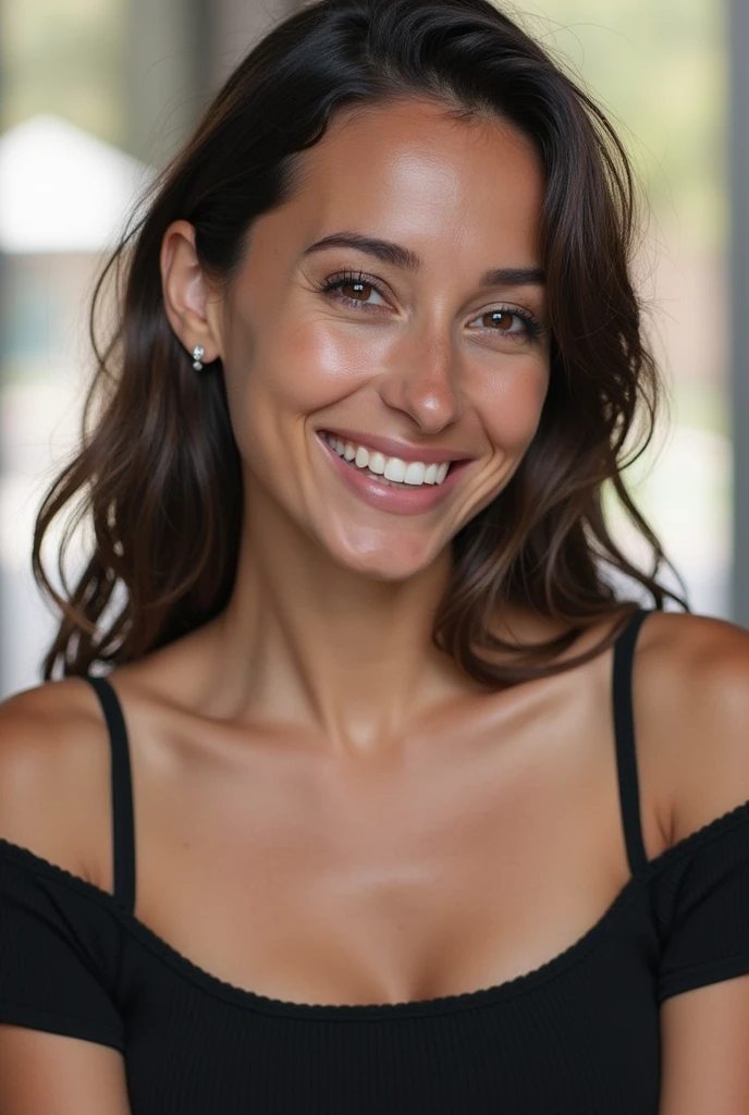 There is a beautiful smiling woman sitting at a table with a watch on her wrist, pose casual, sitting at a table, lorena avarez, She's sitting casually, Carla Ortiz, ela tem cerca de 30 years de idade, taken in the early 2020s, sitting at a table cor de mocha, fernanda suarez, Casual, 30 years, cool appearance, Photographyrrealist, Photography, first work, realist, realism, Rendering, high contrast, Digital art, fotográficorealist, trending on Artstation 8k HD, High Definition, detailed, realist, detailed, skin texture, hiperdetailed, Textura de piel realist, Best Quality, ultra high resolution, (Photographyrrealist: 1.4), High resolution, detailed, Photography crua, sharp resolution, Nikon D850 Movies, Photography de stock 4, F1 Lens for Kodak Portra 400 Camera.6, textura hiperrealist, dramatic lighting, Tendencia poco realist en Artstation Cinestill 800, ..raw. Directed by: Lee Jeffries, beautiful face, perfect face, natural lighting,