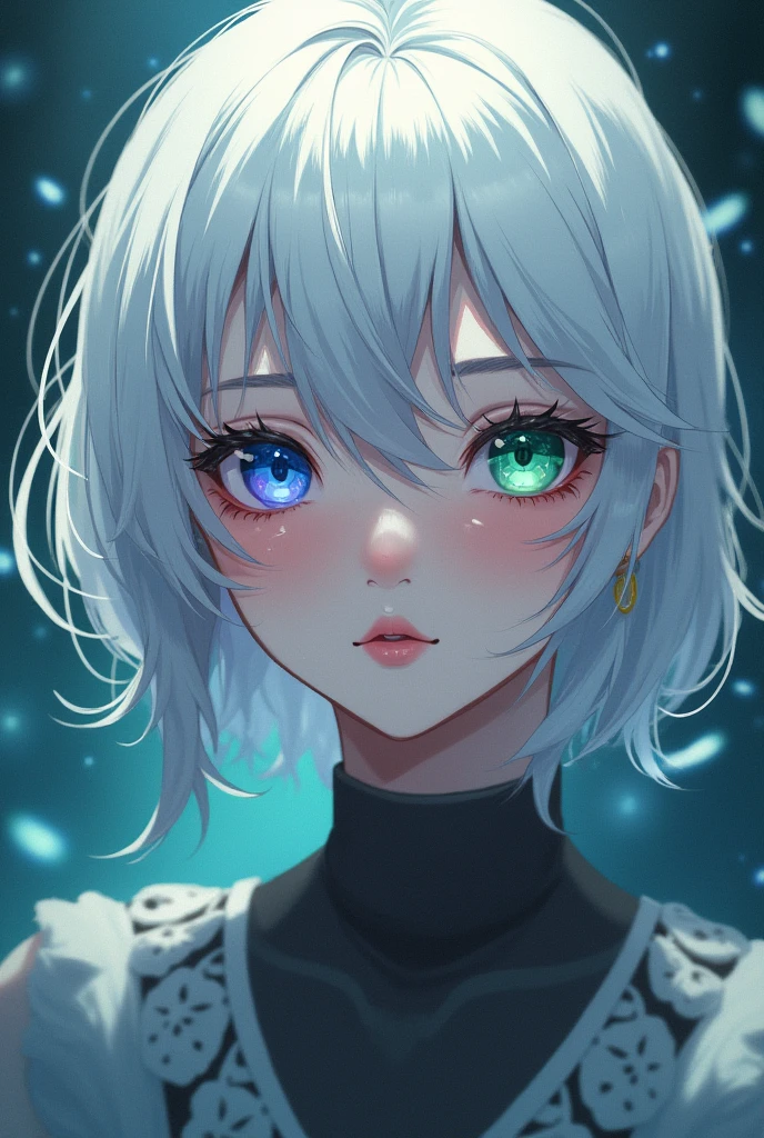 anime style, young adult woman, with the right eye blue and the left eye green, short white hair, with scar