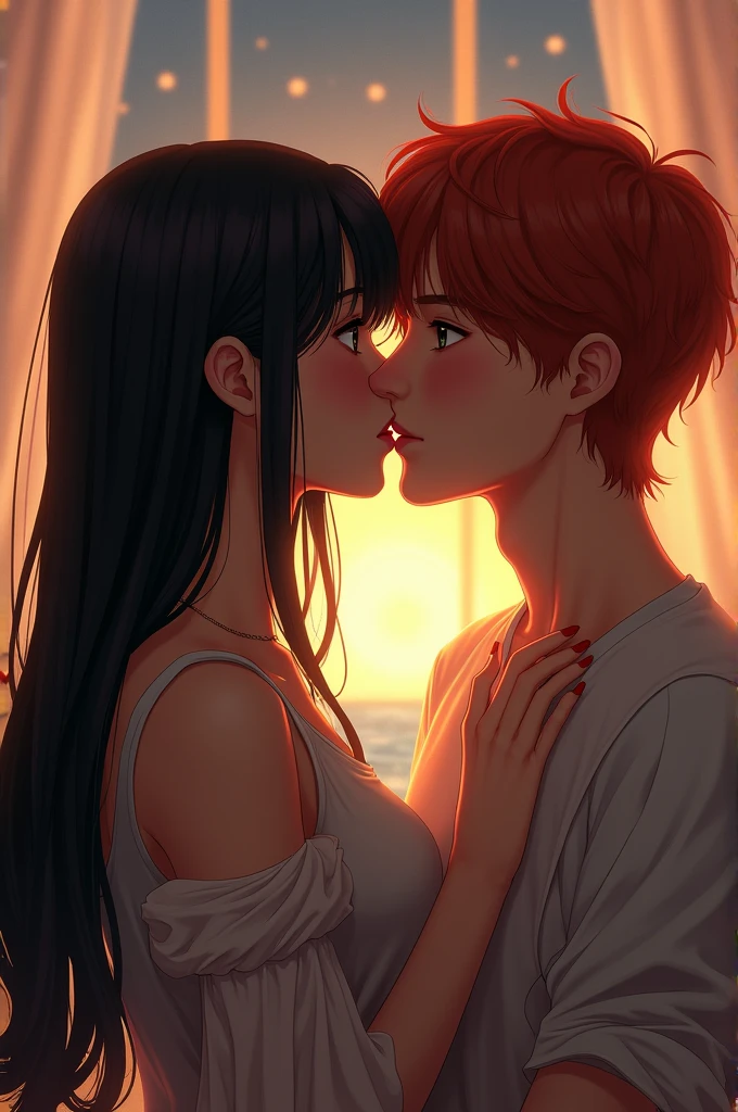 Create an image, of a girl, long straight hair, the color of black hair, kissing a boy, red haired
