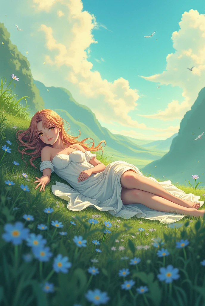 a character with unlimited power female anime character She is lying on the earth sleeping