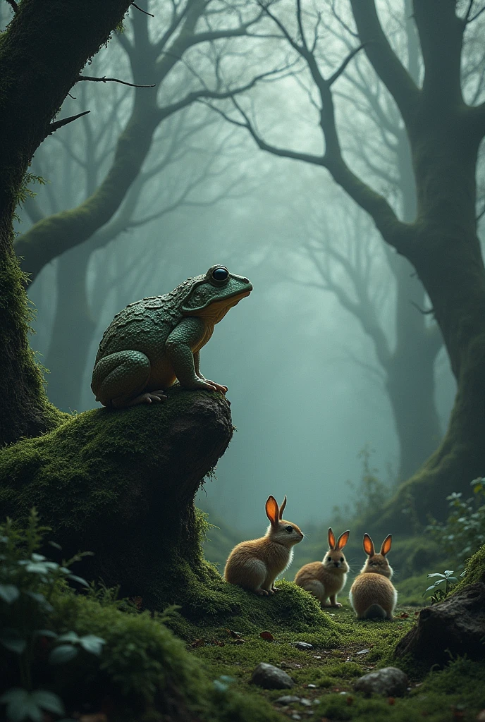 grey forest with toad and family of rabbits