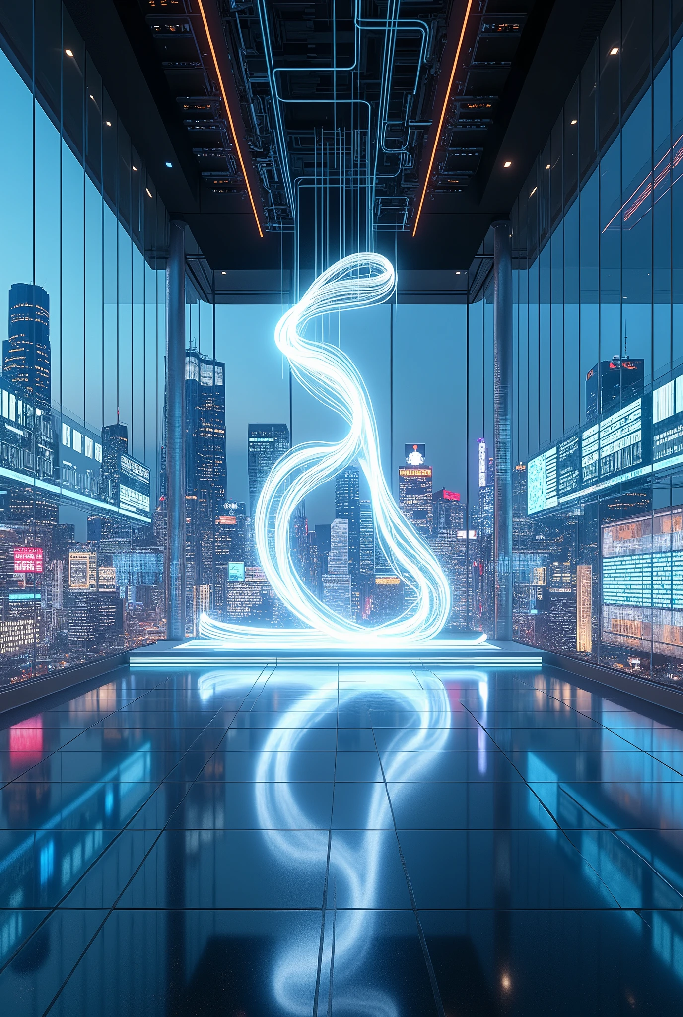 A futuristic environment with a combination of high-tech elements and artistic design. Imagine a space with transparent glass walls, showing an urban skyline lit up with neon lights and modern architectural structures. En el centro de la imagen, an artistic sculpture that appears to be made of lights and power lines. The sculpture must have a fluid and abstract design, resembling something between a modern work of art and a technological installation .Around the sculpture, add holograms and projections that display dynamic and interactive information. These holograms can show data about art, 3D graphics or even short animations.