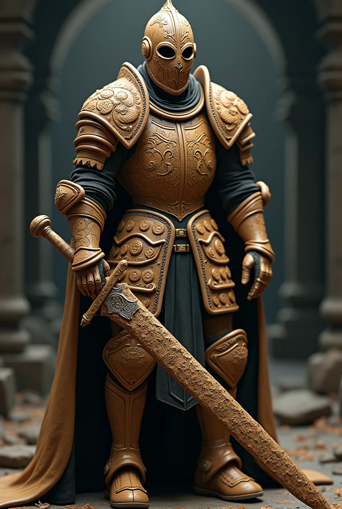 A complete suit of armor made entirely out of cookies. The armor is a medieval style of dark souls amor of king elegant and is made up of cookies and the helmet cover all the head and have a mask to protect his face and the helmet is made up cookies too. armor with high movility with a long sword medieval made up of cookies too. slim with clothes made up of cookies too
