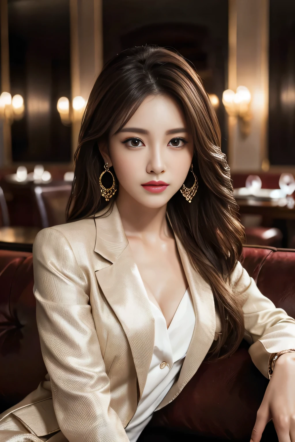 masterpiece, Highest quality, Realistic, Very detailed, Finer details, High resolution, 8k wallpaper, One beautiful woman, Wear a nice suit, In a great restaurant, At night, Light brown messy hair, Perfect dynamic composition, Beautiful and beautiful eyes、Big earrings、Sit on the sofa