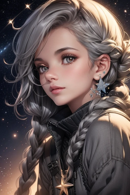 A girl with stars on the tip of her gray hair, in a place full of stars