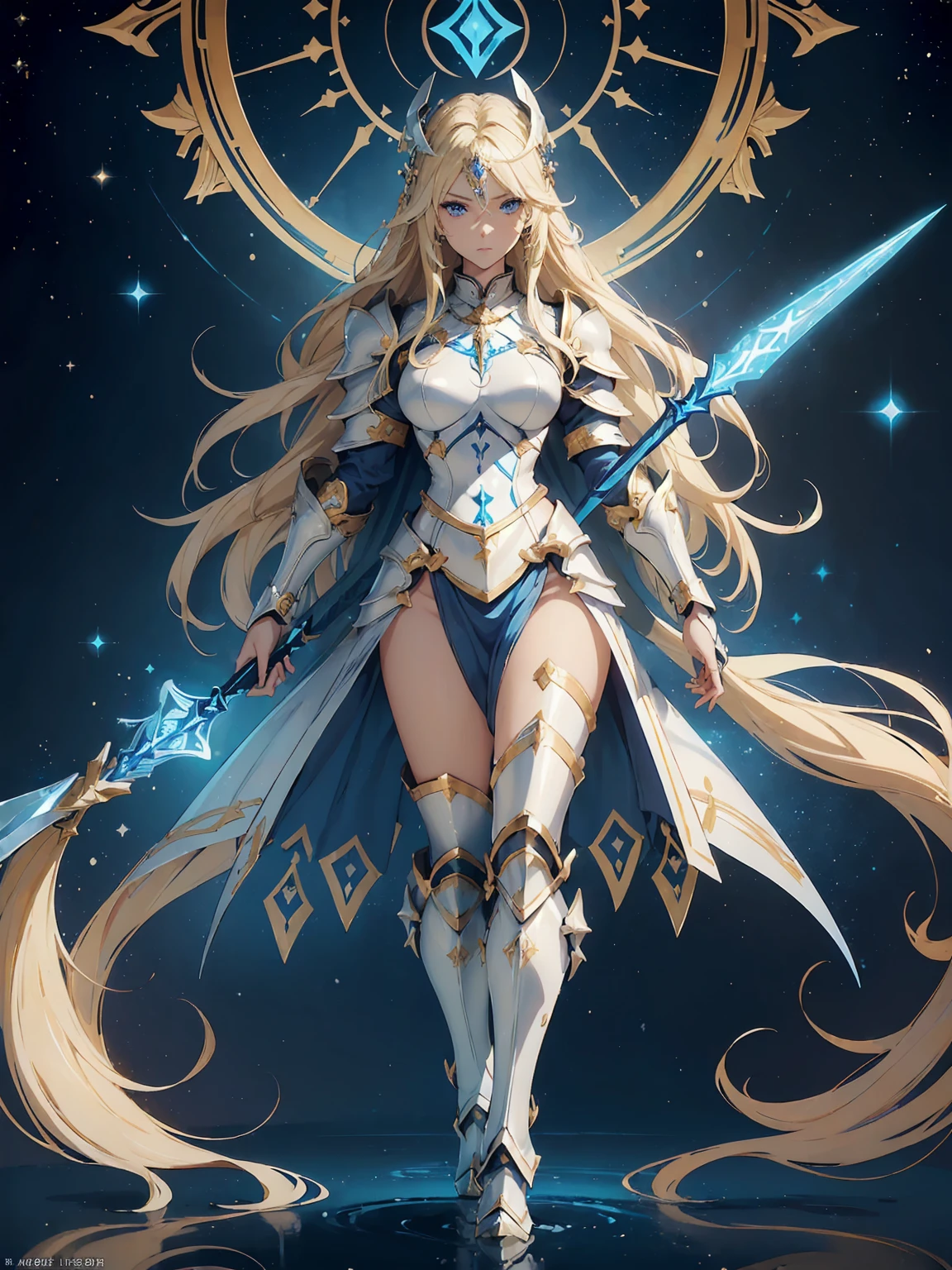 (((Masterpiece, best quality, 16k))) female character with long blonde hair and bright blue eyes. She wears a celestial armor in white, gold, and blue. wields a divine spear. The character has a determined expression, with a heavenly realm as the background. ((full body front view)). ((slender)), (extremely detailed:1.5), (long blonde hair:1.2), (bright blue eyes:1.2), (heavenly realm:1.1), (celestial armor:1.3), (divine spear:1.3).
