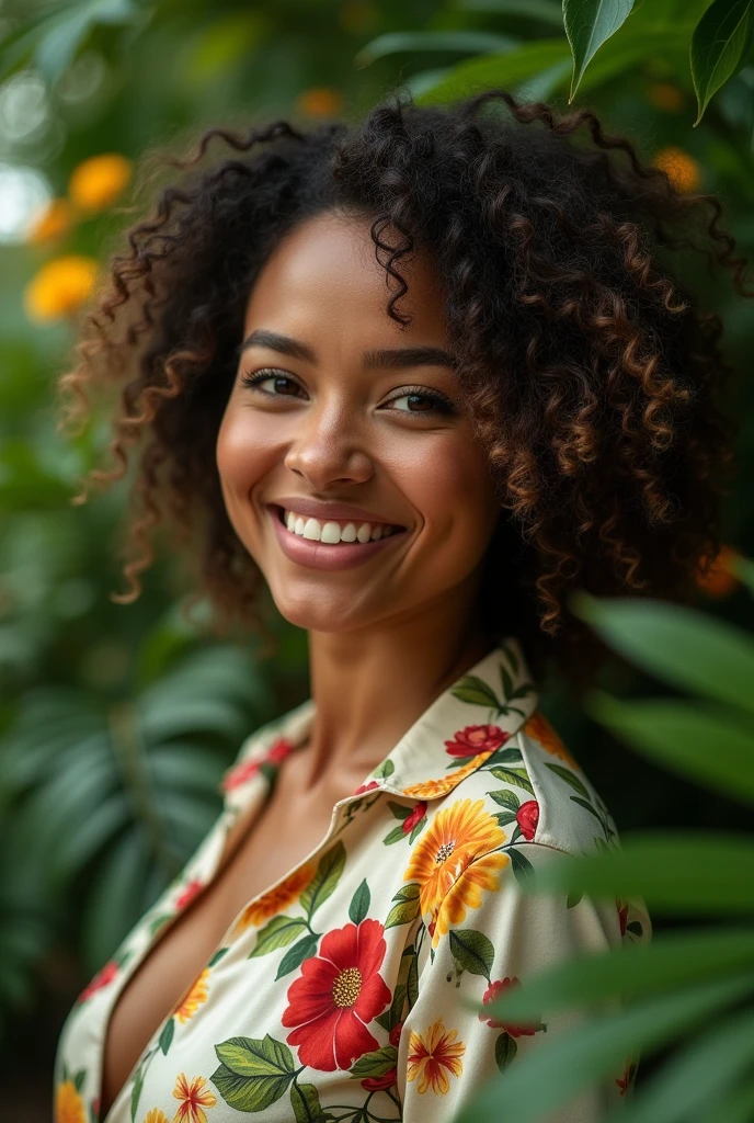A Brazilian woman in a lush tropical garden, wearing an open shirt with a floral print, with a close-up capturing the harmonious beauty between her breasts and the natural flowers, showing off your natural charm and outgoing personality.