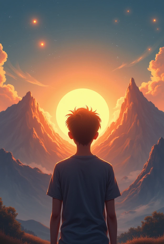 A sky looking boy at space focus on background add the sun between two mountains make mountain in far away make mountain small and in a level add
