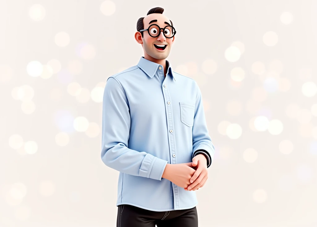 Cartoon character of a man in black glasses and blue shirt, an animated character, stylized character, animation style rendering, 3d stylized, Arnold Maya rendering, Stylized 3D rendering, toon render screenshot, 3d character, 3d character, Stylized 3D rendering, 3D character rendering, cartoon character, Personagem de close up, character posing, (Pixar-style) (master part:1.2) (bokeh) (best qualityer) (skin detailed) (detailed texture) (8k) (Argilla) (cinematic lighting) (sharp focus,Sit down and lift your upper body