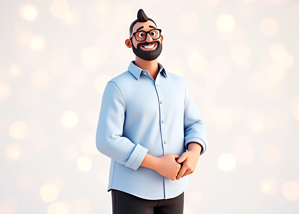 Cartoon character of a man in black glasses and blue shirt, an animated character, stylized character, animation style rendering, 3d stylized, Arnold Maya rendering, Stylized 3D rendering, toon render screenshot, 3d character, 3d character, Stylized 3D rendering, 3D character rendering, cartoon character, Personagem de close up, character posing, (Pixar-style) (master part:1.2) (bokeh) (best qualityer) (skin detailed) (detailed texture) (8k) (Argilla) (cinematic lighting) (sharp focus,Sit down and lift your upper body