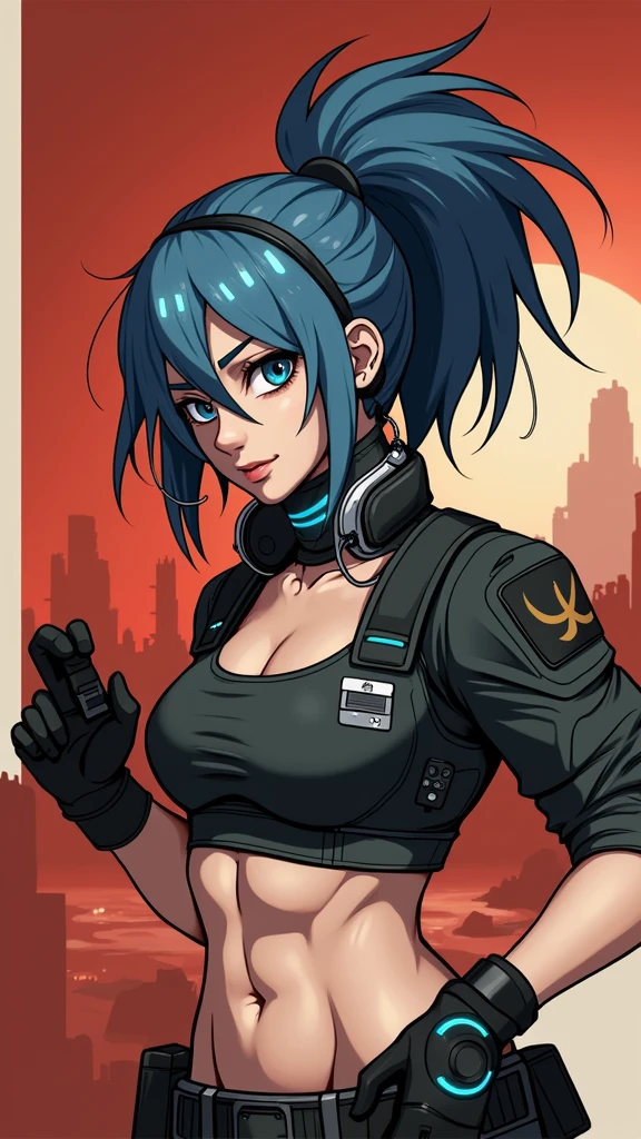 Create a full-body digital illustration of a futuristic sniper warrior in a post-apocalyptic setting. The character, a male figure, stands prominently in the foreground, dressed in a sleek black tactical suit adorned with the Argentine flag insignia on the chest. The suit features advanced technological elements, glowing circuitry, and armored plates. A high-tech mask covers the lower half of his face, while his eyes remain visible, radiating determination and intensity. He wears a tactical helmet equipped with a headset and microphone, suggesting advanced communication capabilities. In his hands, he wields an Accuracy International AW sniper rifle, customized with futuristic modifications. The 7.62x51 weapon boasts intricate blue neon detailing and holographic sights. The background depicts a dramatic, glowing sunset, casting warm hues across a desolate landscape. Ruined structures and scattered debris hint at the post-apocalyptic world. Emphasize the contrast between the high-tech warrior and the ravaged environment. Use lighting to create a sense of drama and mystery, with the warrior's silhouette cutting a striking figure against the vibrant sky. Incorporate subtle details like dust particles and heat distortion to enhance the atmosphere. Balance the composition to highlight both the character's imposing presence and the vast, haunting backdrop, conveying a sense of isolation and resilience in this high-tech wasteland.