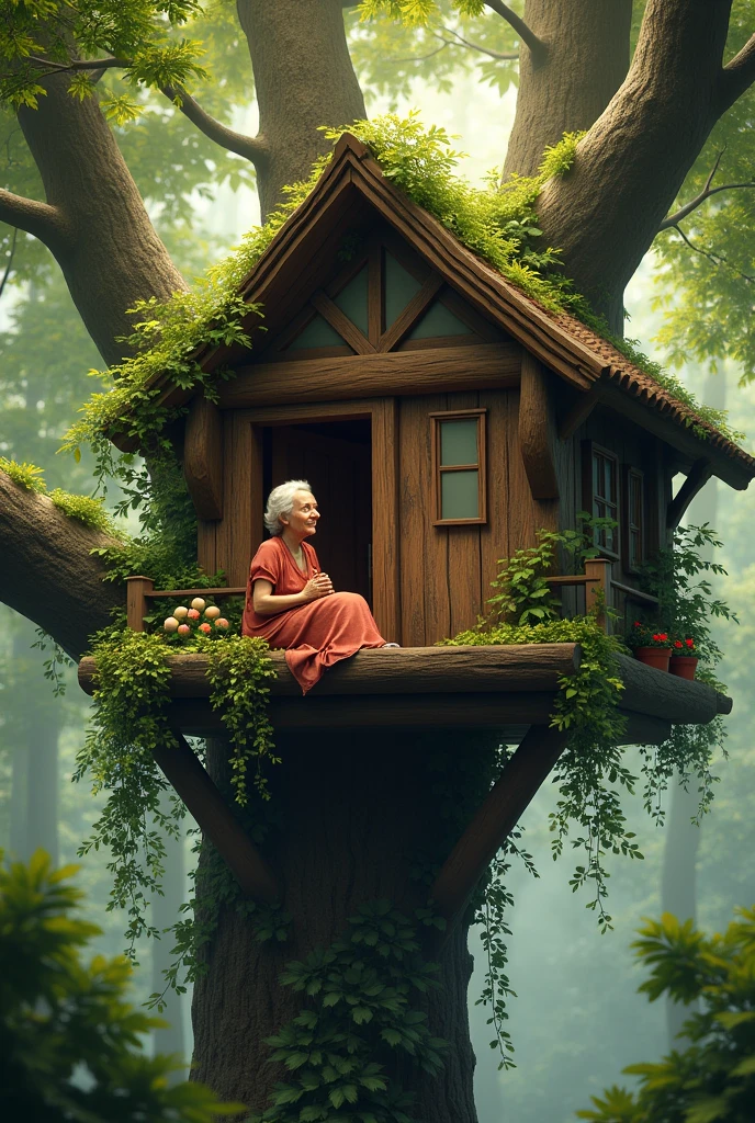 A beautiful tree house with an old mother sitting in it